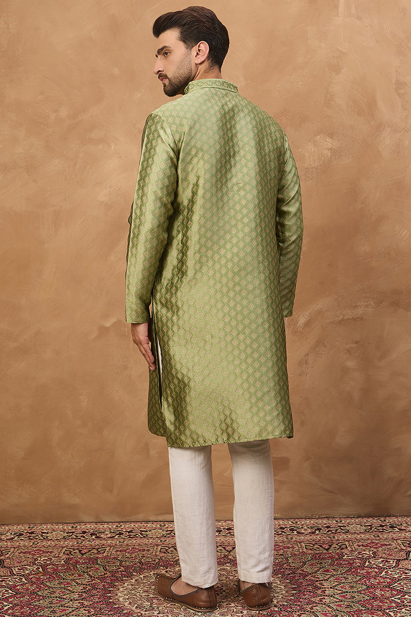 Green Silk Blend Solid Woven Design Straight Kurta | SHOBITAM