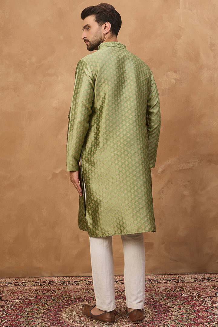 Green Silk Blend Solid Woven Design Straight Kurta | SHOBITAM