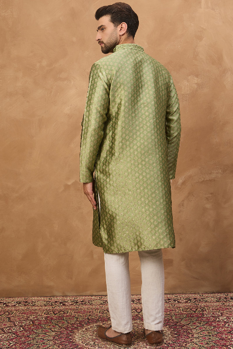 Green Silk Blend Solid Woven Design Straight Kurta With Pant Set | SHOBITAM
