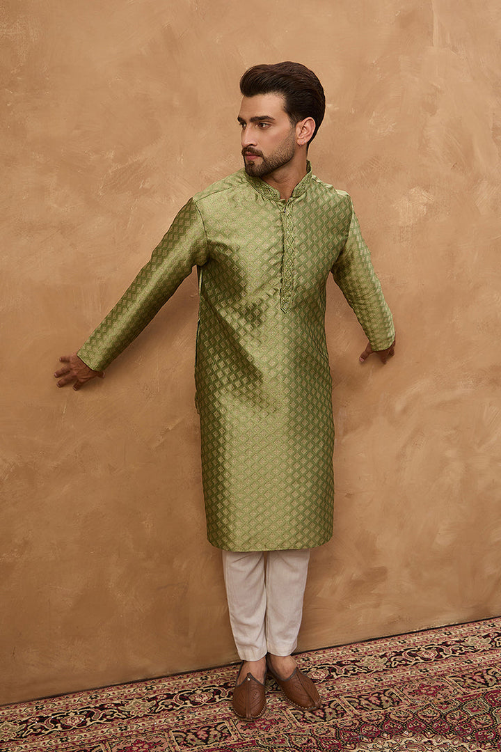 Green Silk Blend Solid Woven Design Straight Kurta | SHOBITAM