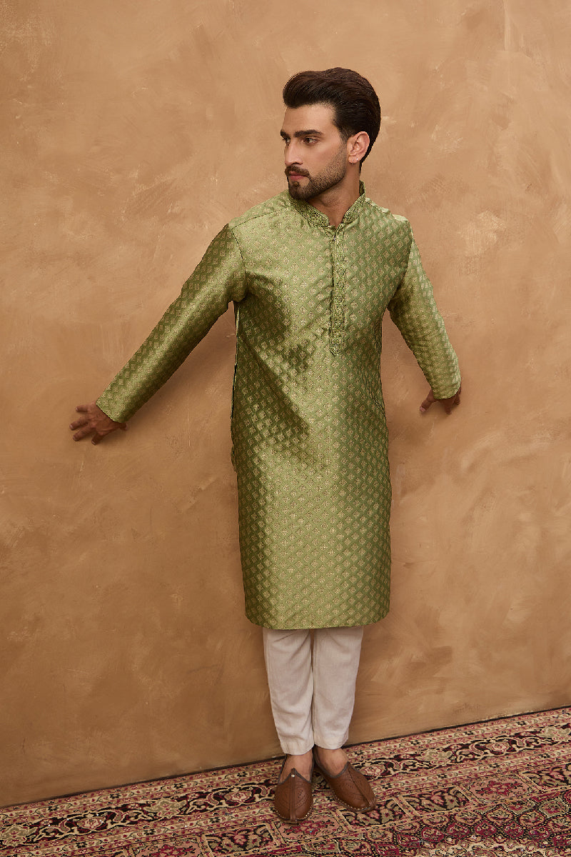 Green Silk Blend Solid Woven Design Straight Kurta With Pant Set | SHOBITAM
