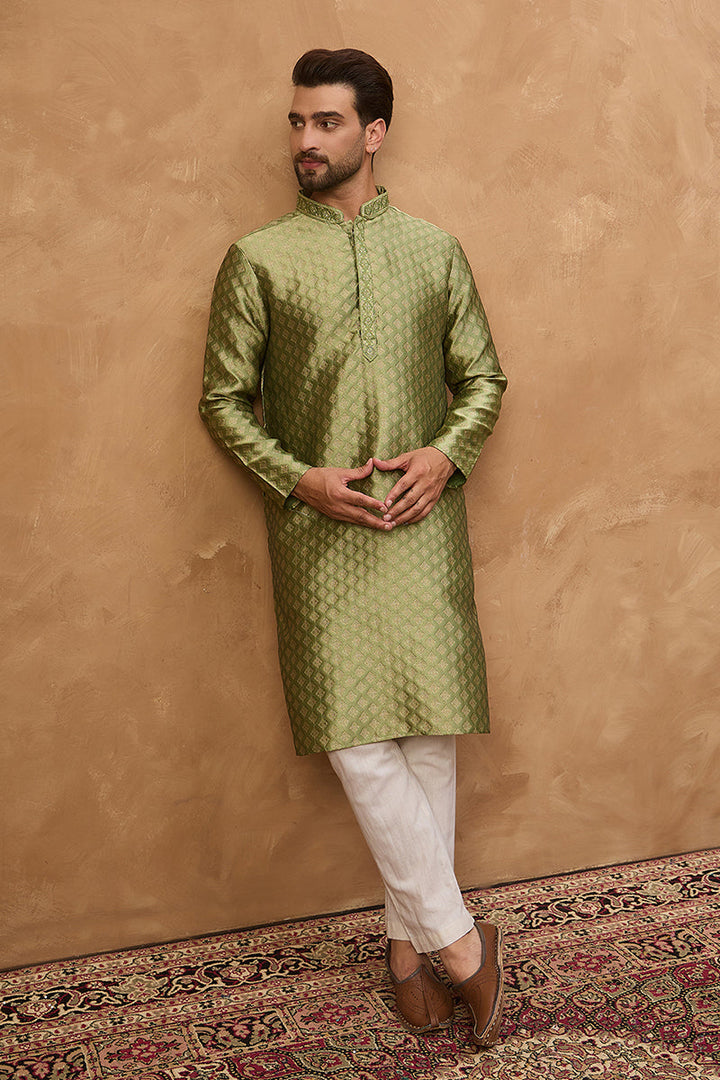 Green Silk Blend Solid Woven Design Straight Kurta | SHOBITAM