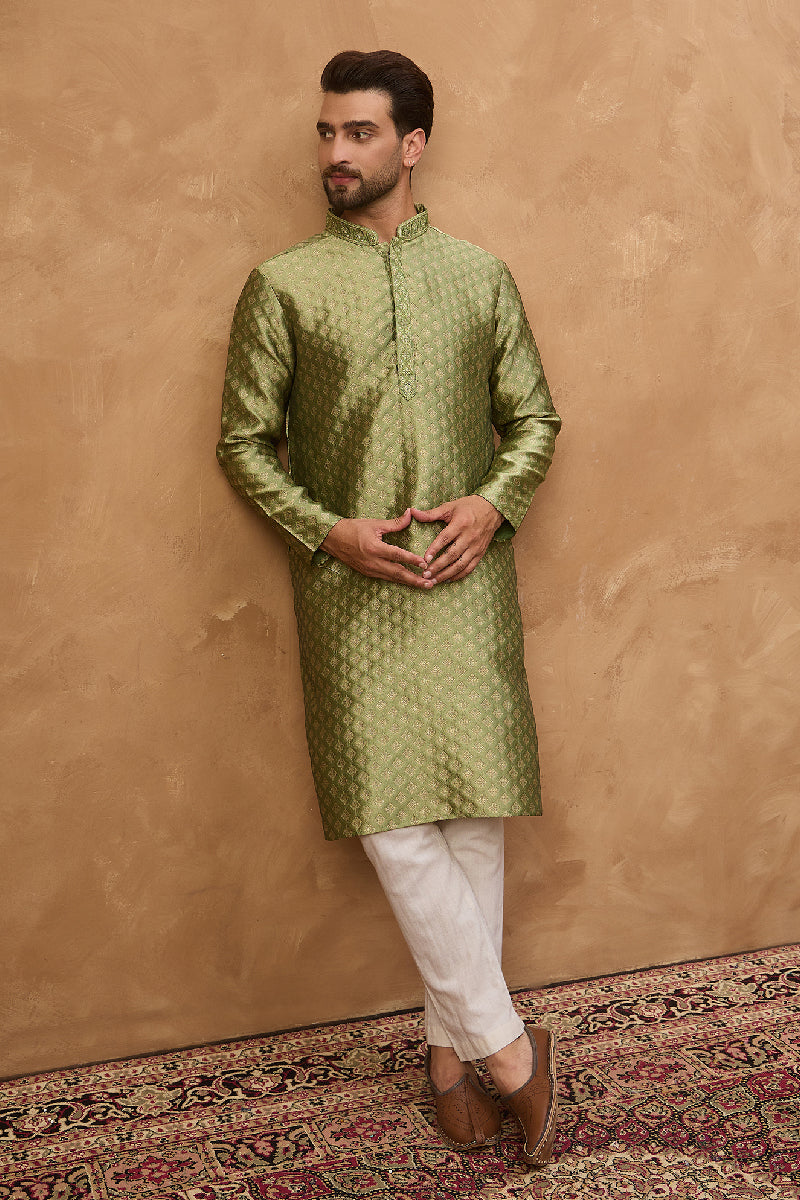 Green Silk Blend Solid Woven Design Straight Kurta With Pant Set | SHOBITAM