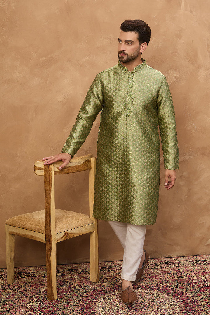 Green Silk Blend Solid Woven Design Straight Kurta With Pant Set | SHOBITAM