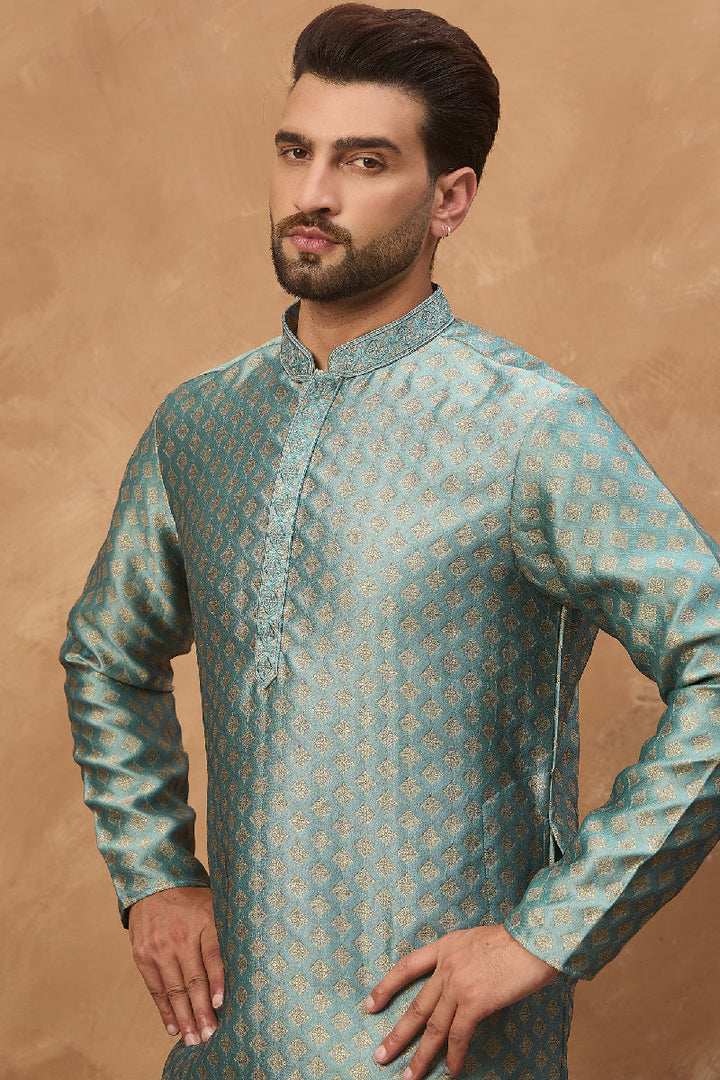 Blue Silk Blend Solid Woven Design Straight Kurta With Pant Set | SHOBITAM