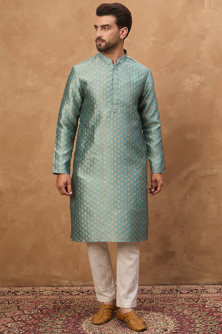 Blue Silk Blend Solid Woven Design Straight Kurta With Pant Set | SHOBITAM