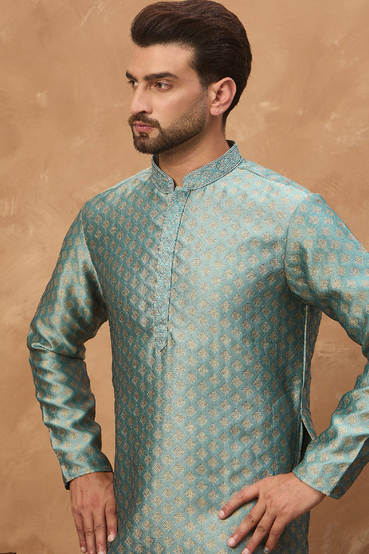 Blue Silk Blend Solid Woven Design Straight Kurta With Pant Set | SHOBITAM