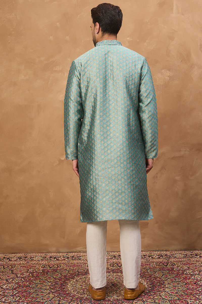Blue Silk Blend Solid Woven Design Straight Kurta With Pant Set | SHOBITAM