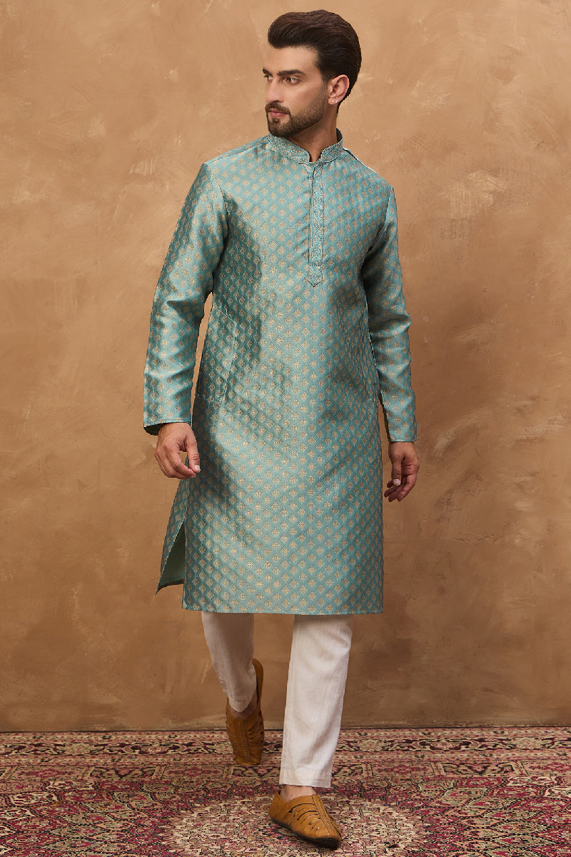 Blue Silk Blend Solid Woven Design Straight Kurta With Pant Set | SHOBITAM