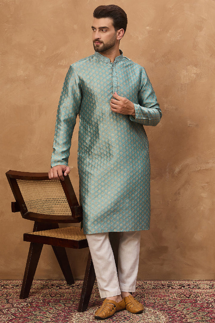 Blue Silk Blend Solid Woven Design Straight Kurta With Pant Set | SHOBITAM