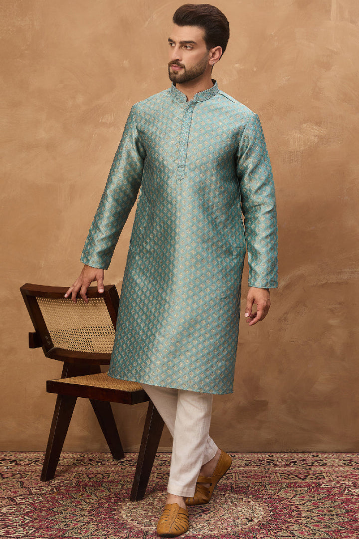 Blue Silk Blend Solid Woven Design Straight Kurta With Pant Set | SHOBITAM