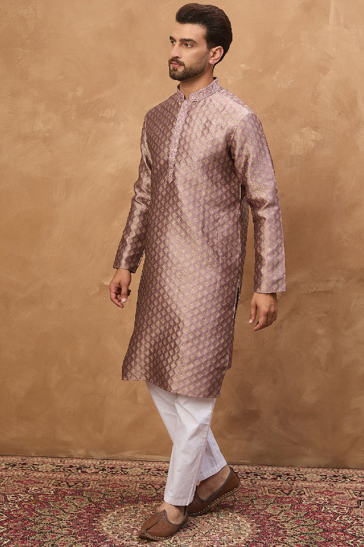 Mauve Silk Blend Solid Woven Design Straight Kurta With Pant Set | SHOBITAM