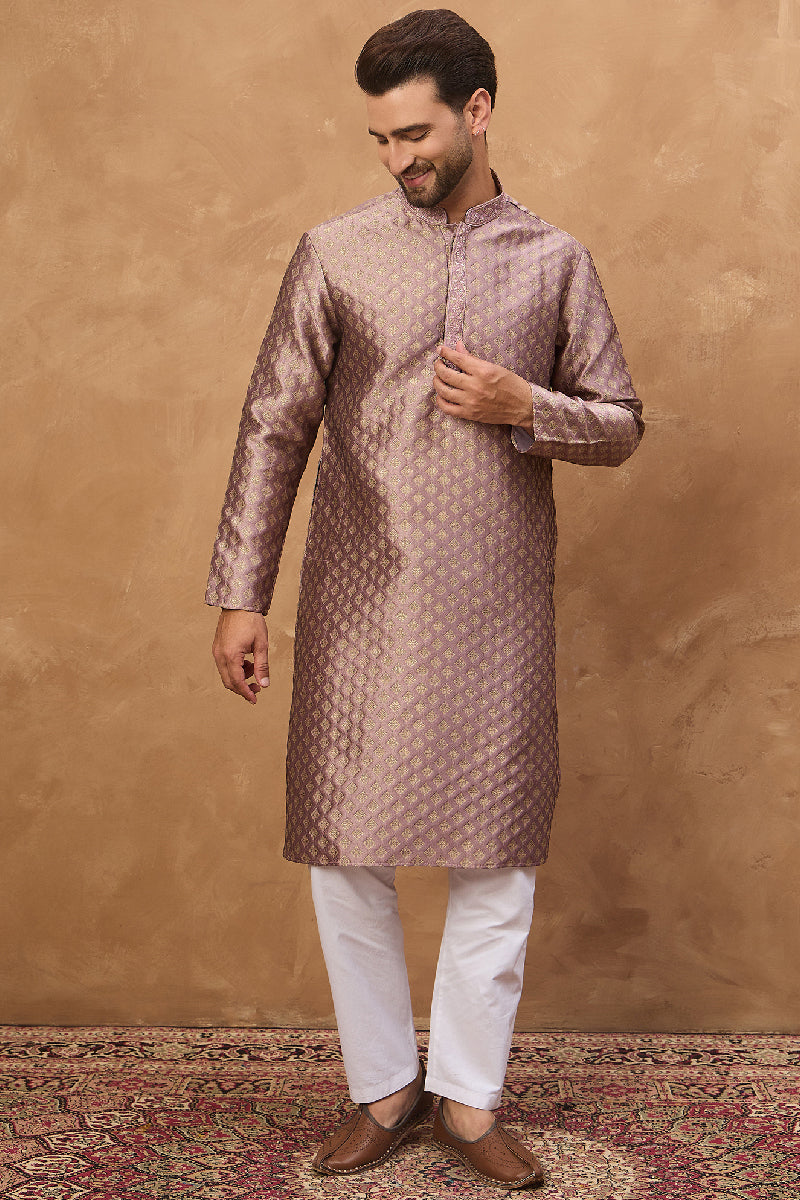 Mauve Silk Blend Solid Woven Design Straight Kurta With Pant Set | SHOBITAM