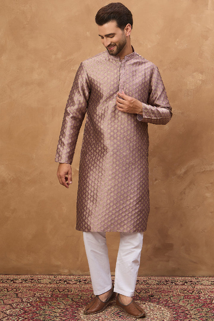 Mauve Silk Blend Solid Woven Design Straight Kurta With Pant Set | SHOBITAM