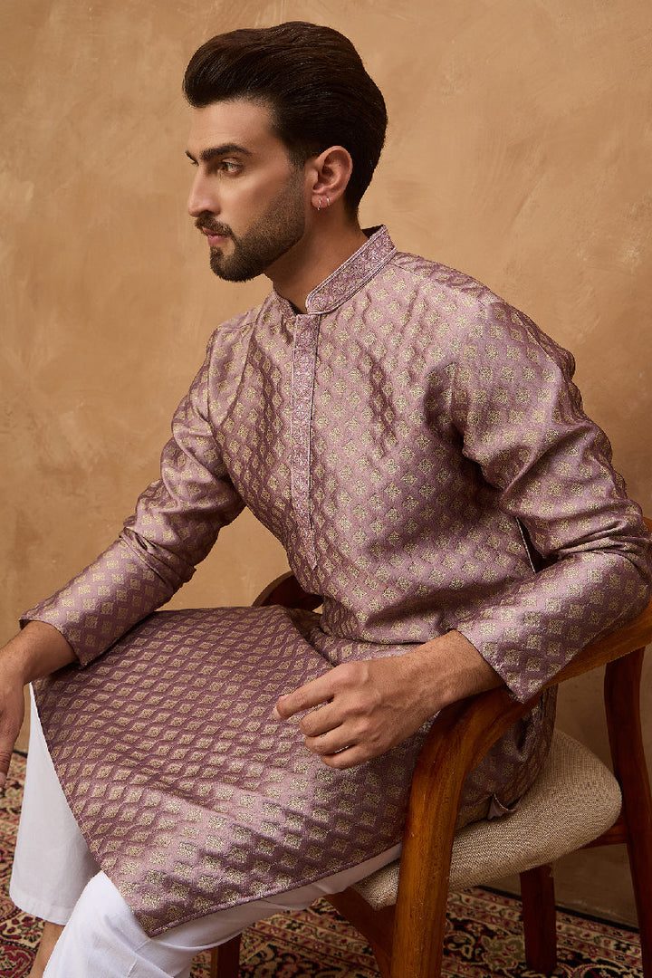 Mauve Silk Blend Solid Woven Design Straight Kurta With Pant Set | SHOBITAM