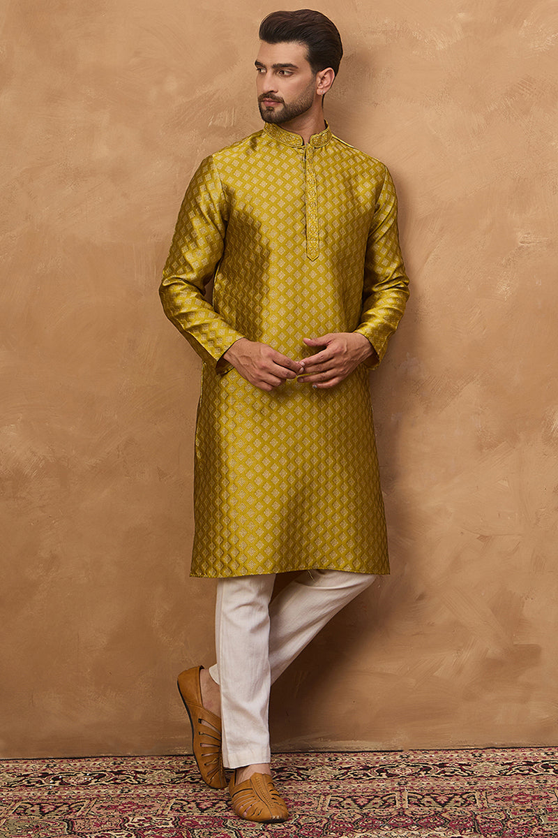 Yellow Silk Blend Solid Woven Design Straight Kurta | SHOBITAM