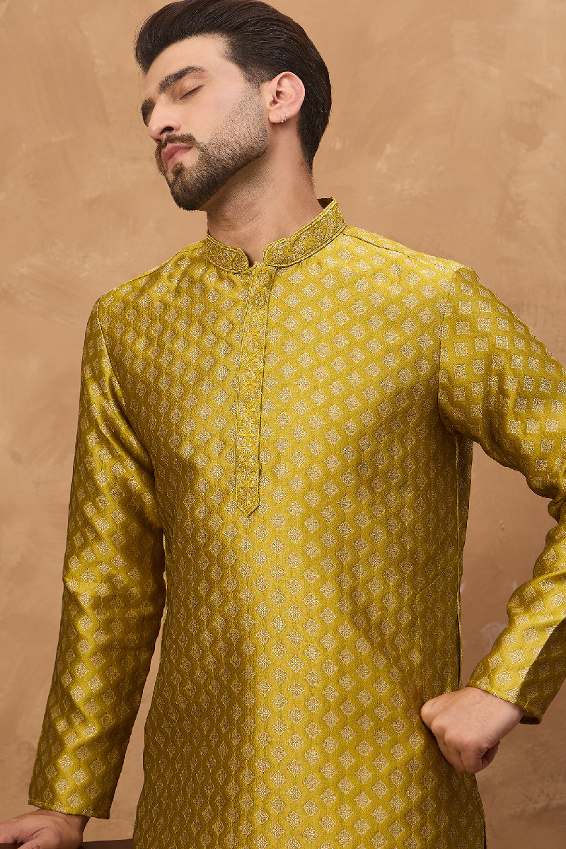 Yellow Silk Blend Solid Woven Design Straight Kurta With Pant Set | SHOBITAM
