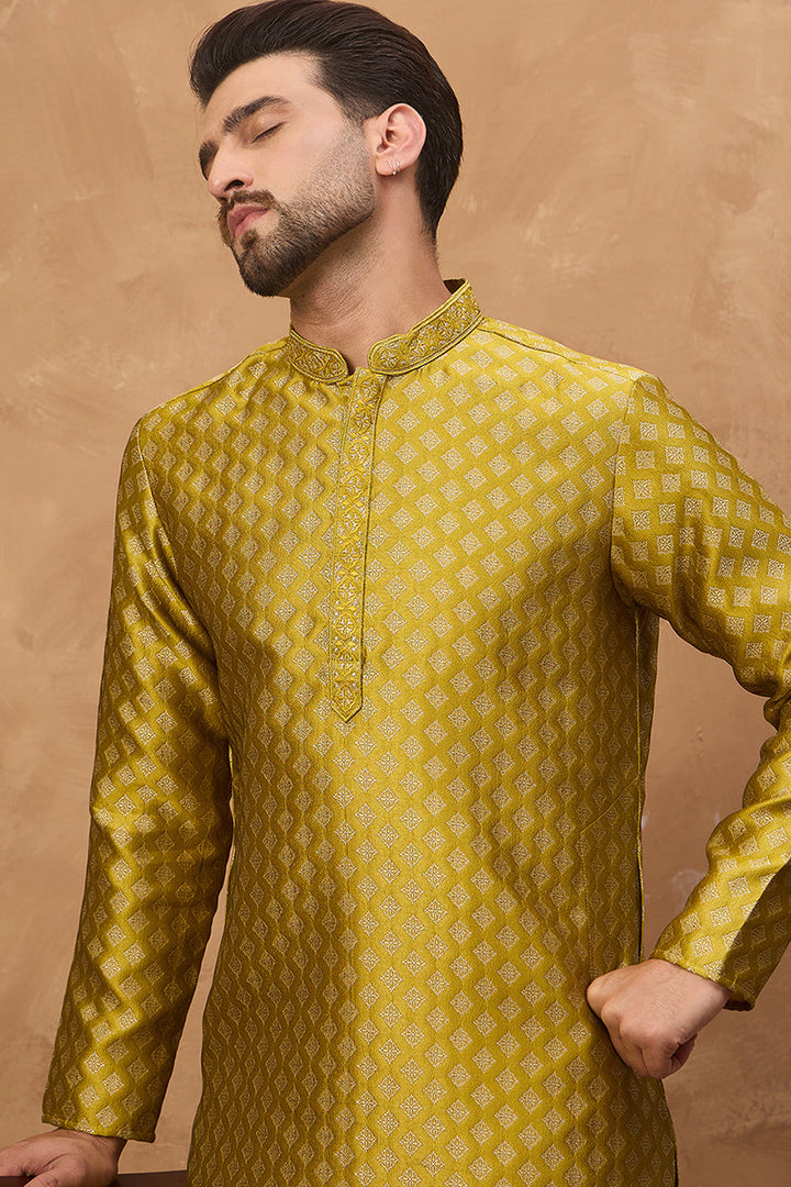 Yellow Silk Blend Solid Woven Design Straight Kurta | SHOBITAM