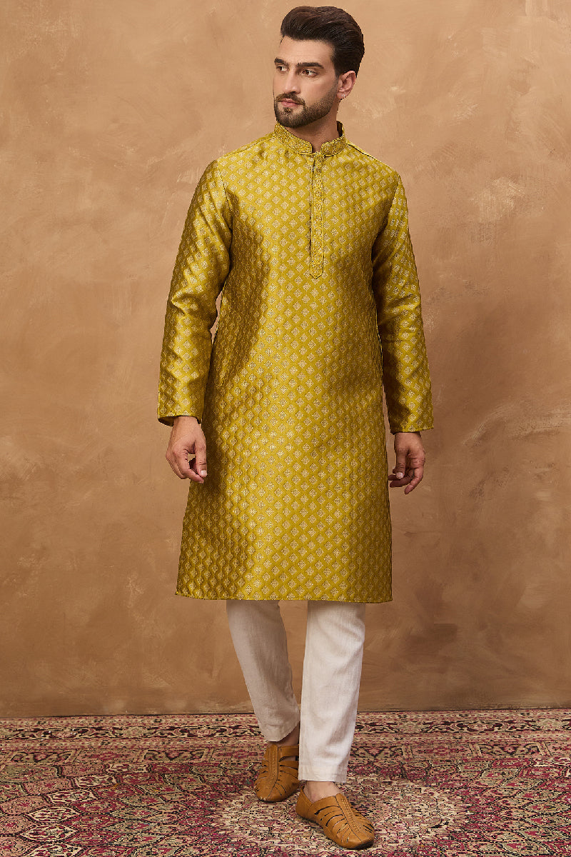 Yellow Silk Blend Solid Woven Design Straight Kurta With Pant Set | SHOBITAM
