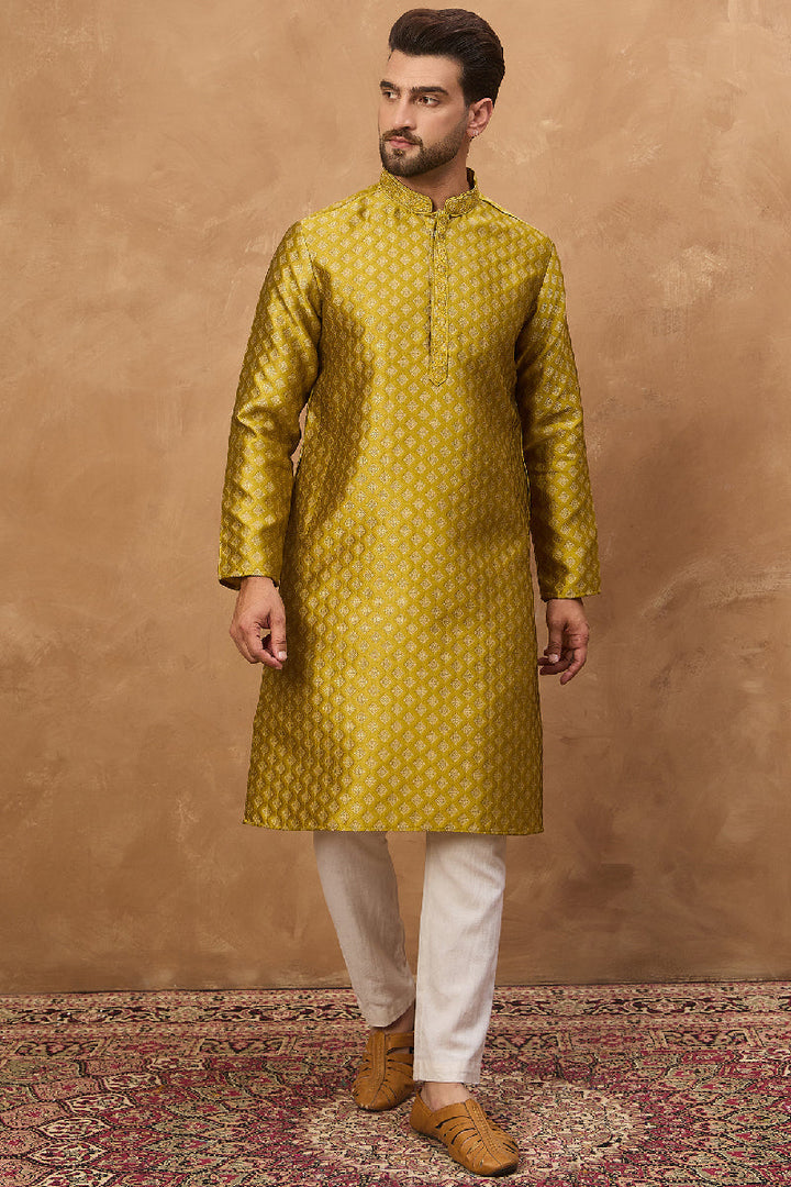 Yellow Silk Blend Solid Woven Design Straight Kurta With Pant Set | SHOBITAM
