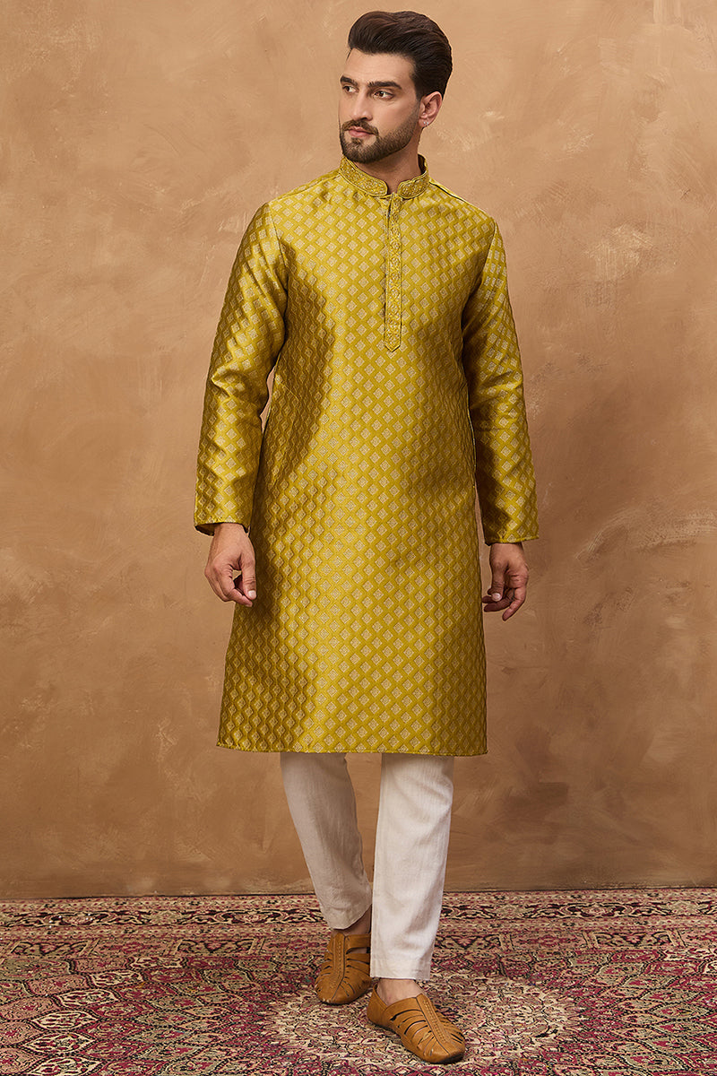 Yellow Silk Blend Solid Woven Design Straight Kurta | SHOBITAM