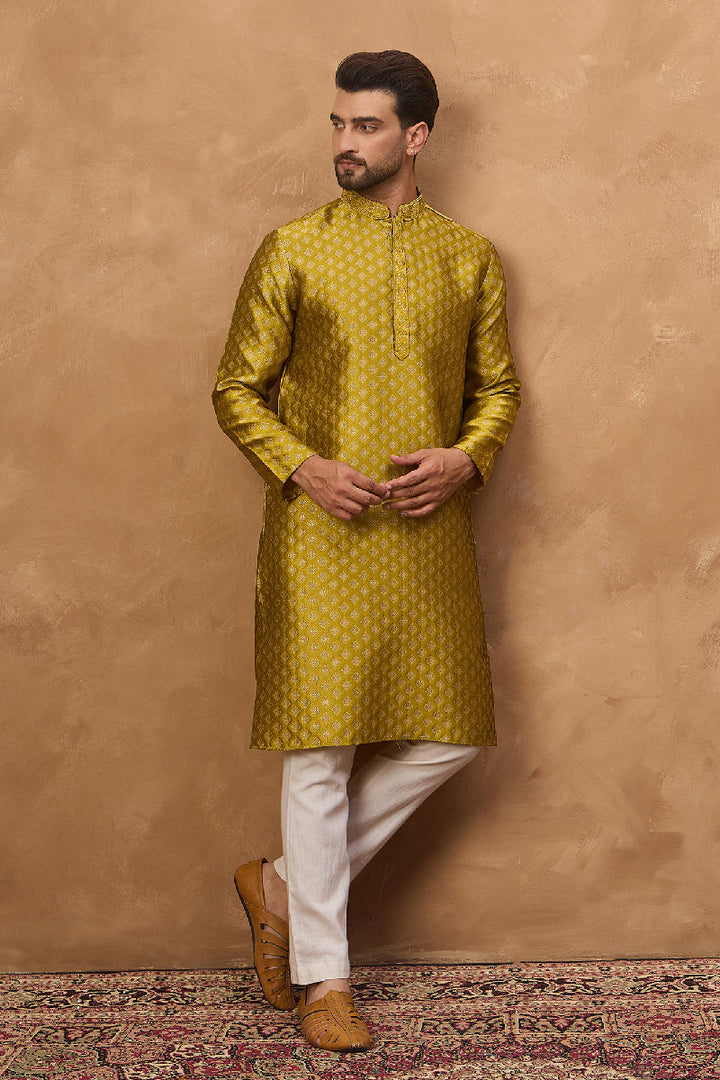 Yellow Silk Blend Solid Woven Design Straight Kurta With Pant Set | SHOBITAM
