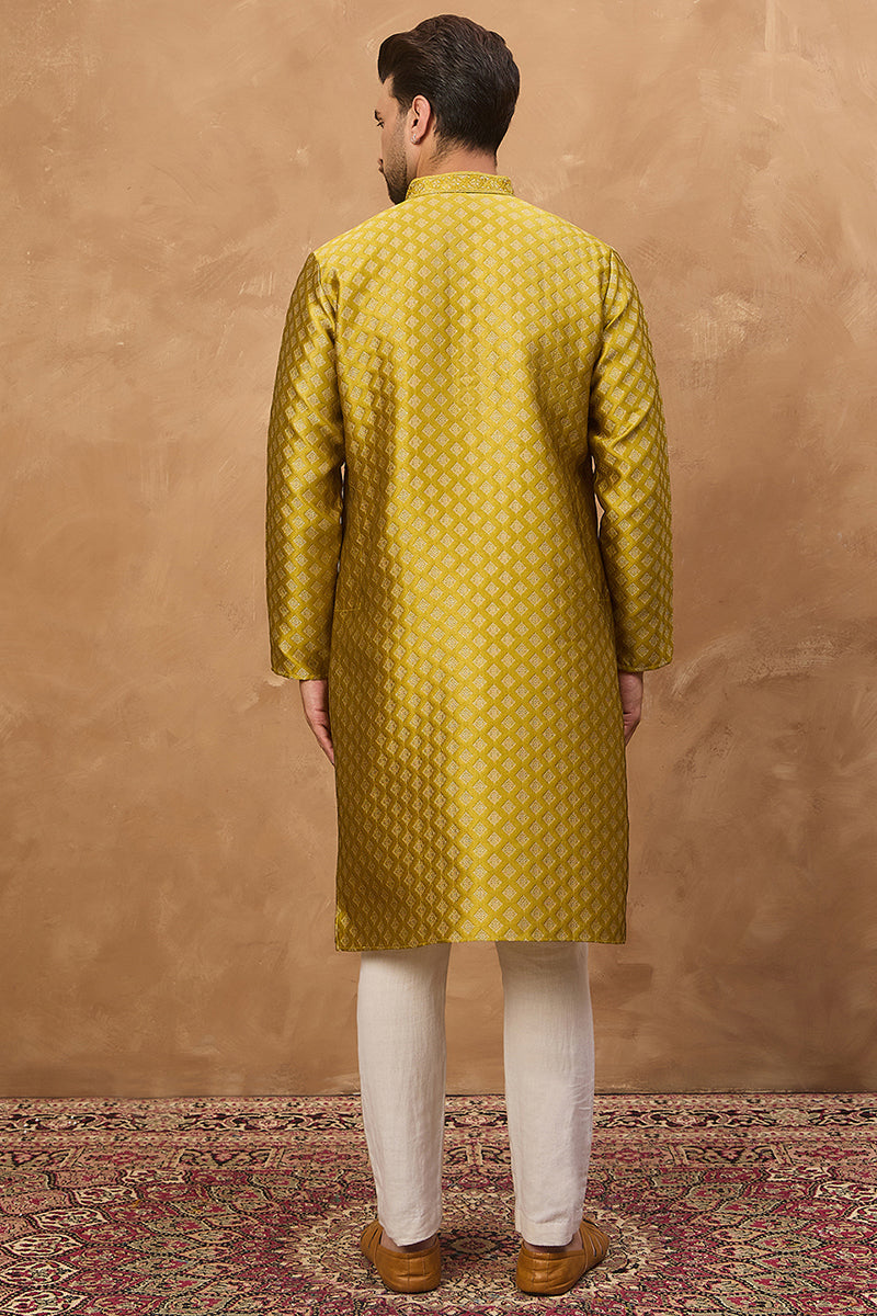 Yellow Silk Blend Solid Woven Design Straight Kurta | SHOBITAM