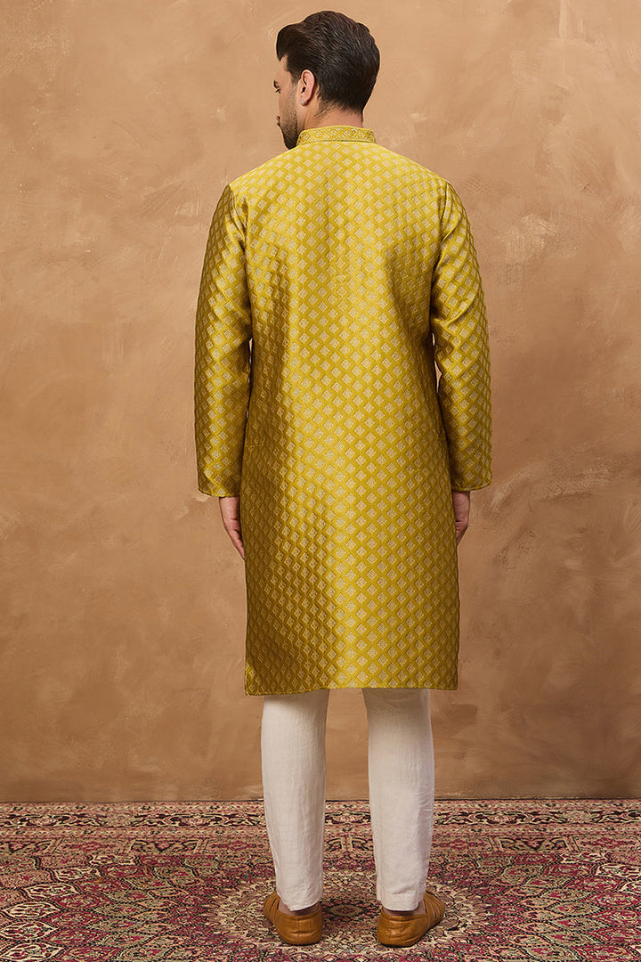 Yellow Silk Blend Solid Woven Design Straight Kurta | SHOBITAM