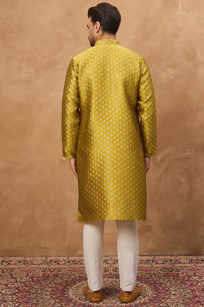 Yellow Silk Blend Solid Woven Design Straight Kurta With Pant Set | SHOBITAM