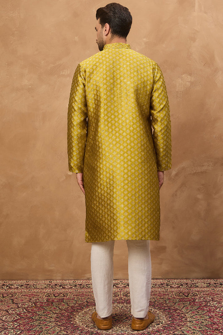 Yellow Silk Blend Solid Woven Design Straight Kurta With Pant Set | SHOBITAM