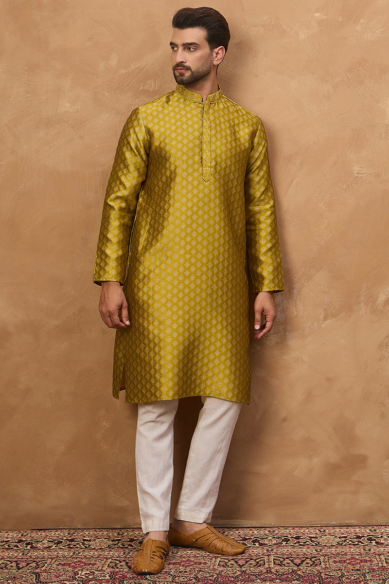 Yellow Silk Blend Solid Woven Design Straight Kurta | SHOBITAM