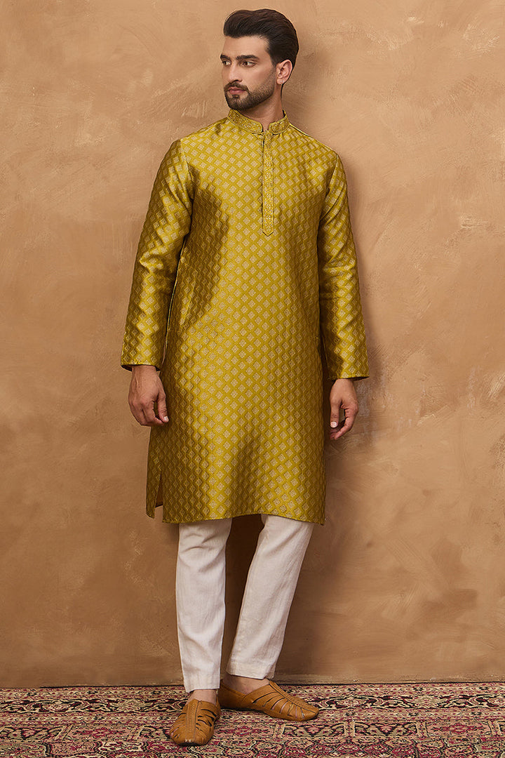Yellow Silk Blend Solid Woven Design Straight Kurta | SHOBITAM