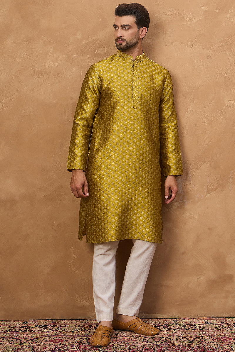 Yellow Silk Blend Solid Woven Design Straight Kurta With Pant Set | SHOBITAM