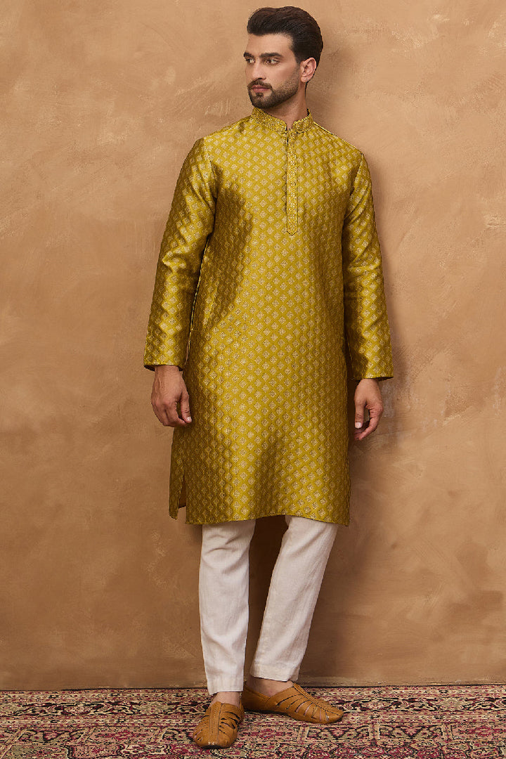 Yellow Silk Blend Solid Woven Design Straight Kurta With Pant Set | SHOBITAM