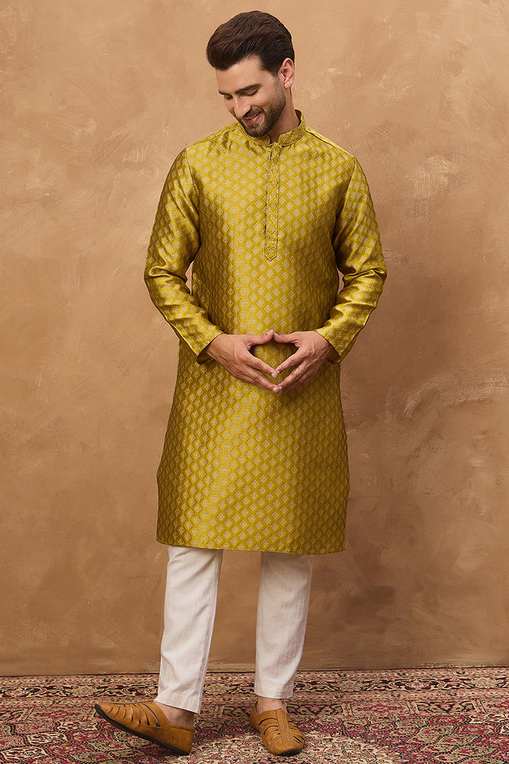 Yellow Silk Blend Solid Woven Design Straight Kurta | SHOBITAM