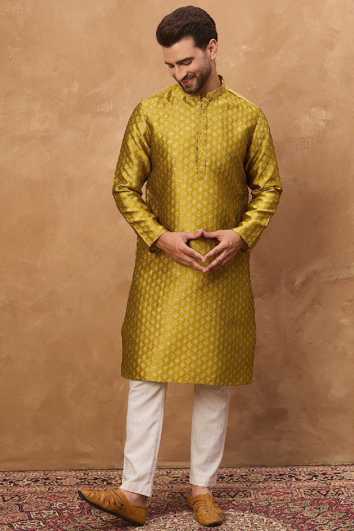 Yellow Silk Blend Solid Woven Design Straight Kurta With Pant Set | SHOBITAM