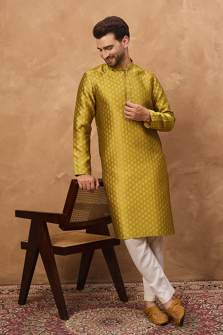 Yellow Silk Blend Solid Woven Design Straight Kurta | SHOBITAM