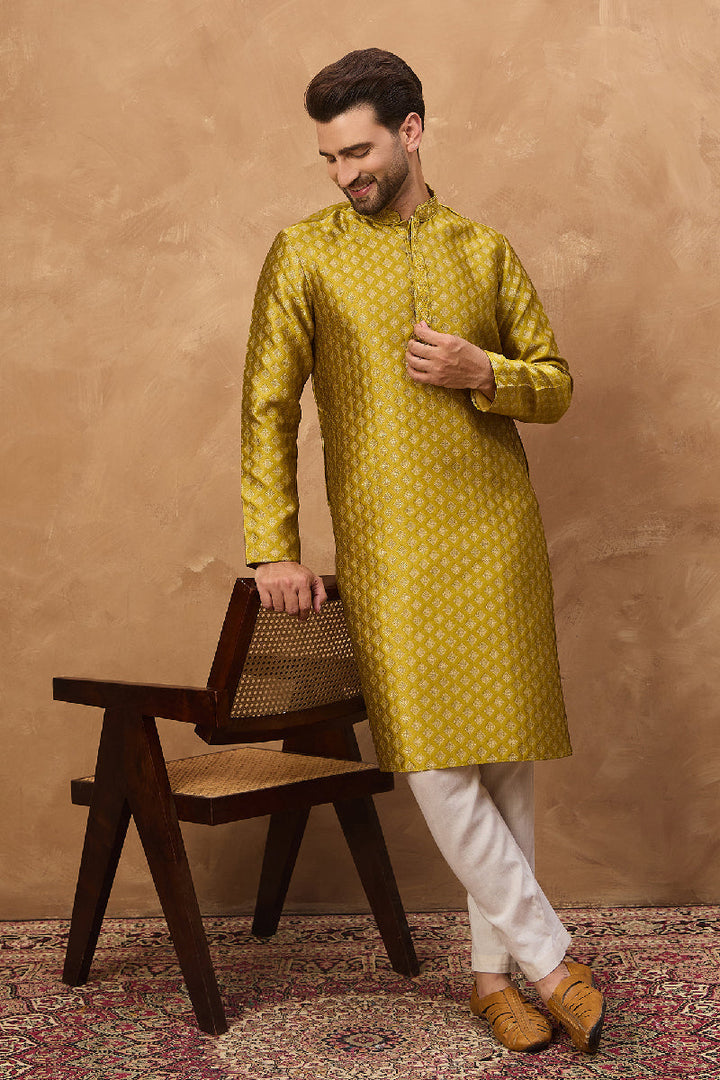 Yellow Silk Blend Solid Woven Design Straight Kurta With Pant Set | SHOBITAM