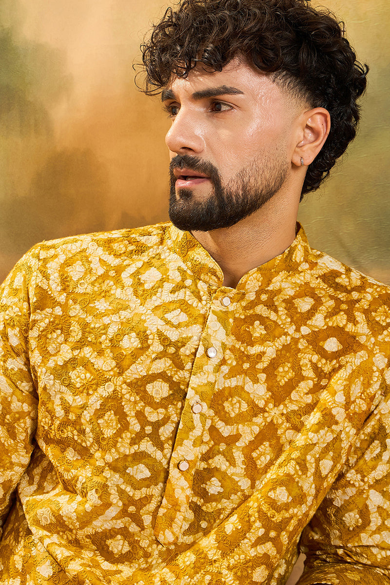Yellow Cotton Batik Solid Embroidered Straight Kurta  | SHOBITAM