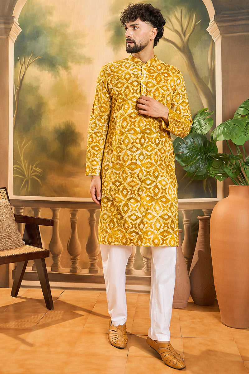 Yellow Cotton Batik Solid Embroidered Straight Kurta  | SHOBITAM