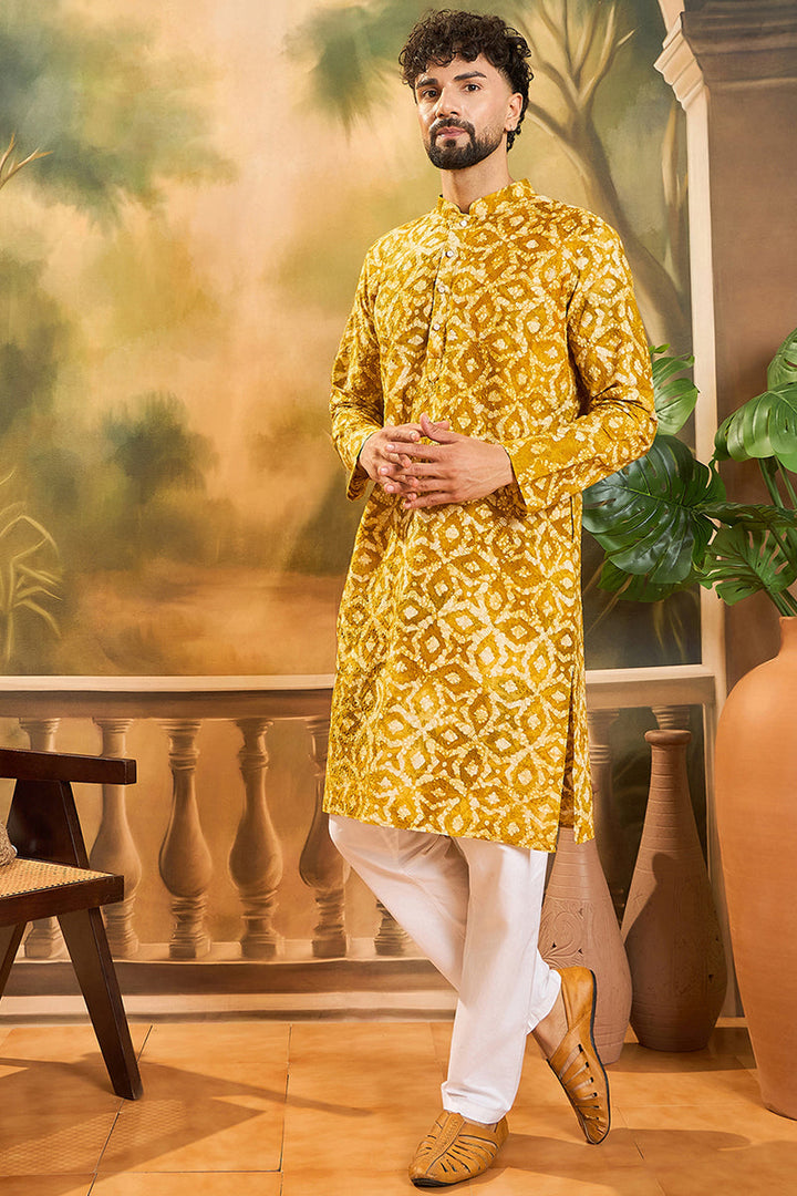 Yellow Cotton Batik Solid Embroidered Straight Kurta  | SHOBITAM