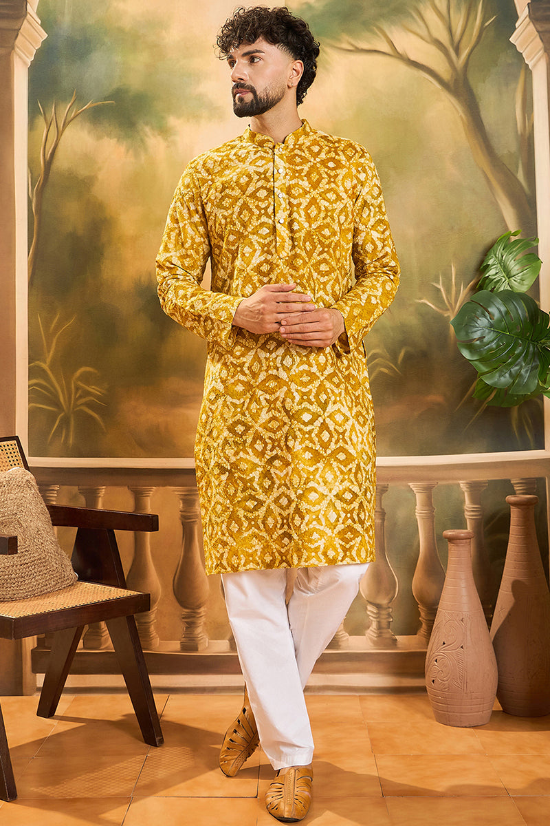 Yellow Cotton Batik Solid Embroidered Straight Kurta  | SHOBITAM