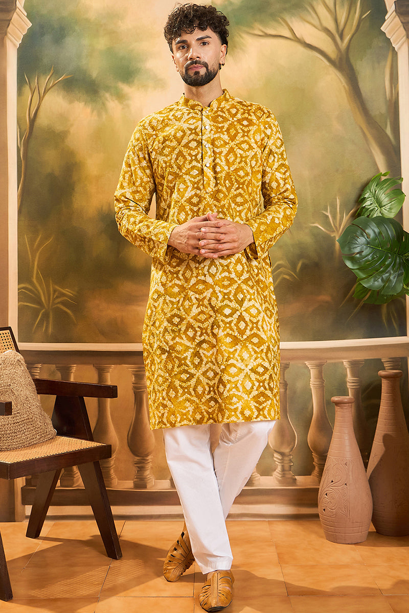 Yellow Cotton Batik Solid Embroidered Straight Kurta  | SHOBITAM