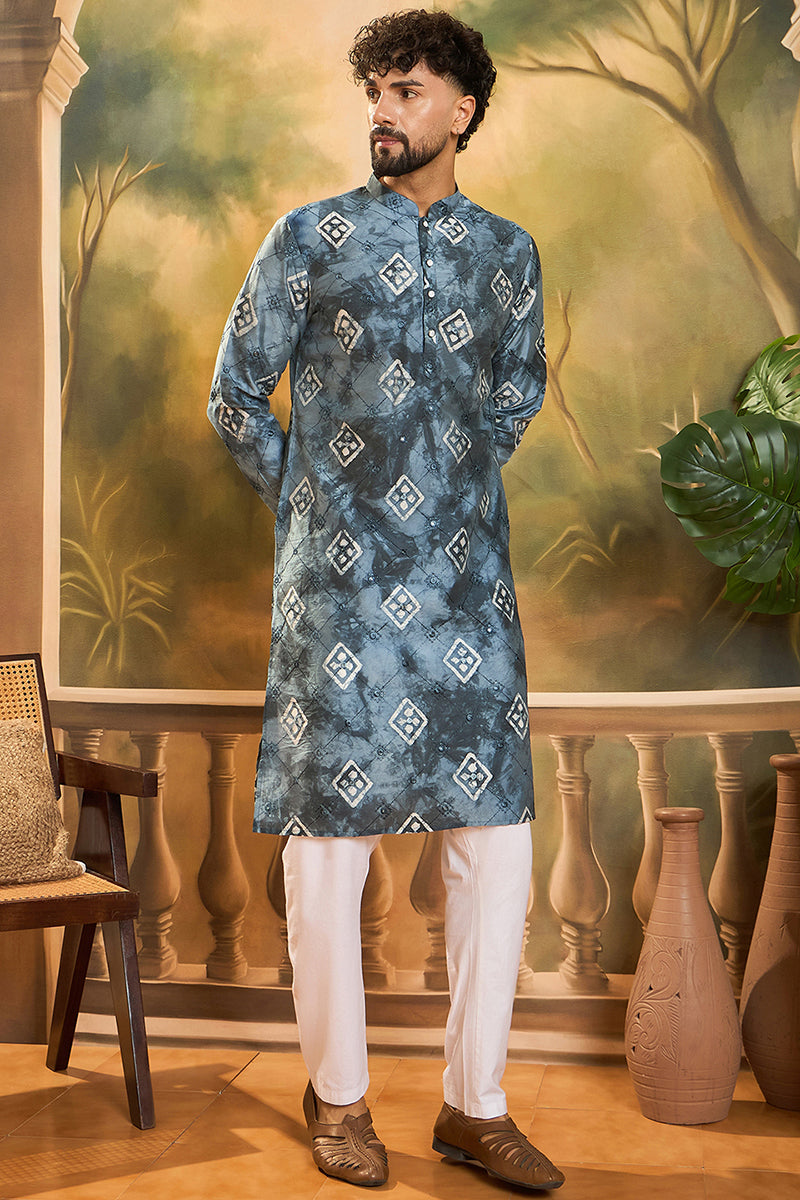 Blue Silk Blend Embroidered Straight Kurta  | SHOBITAM