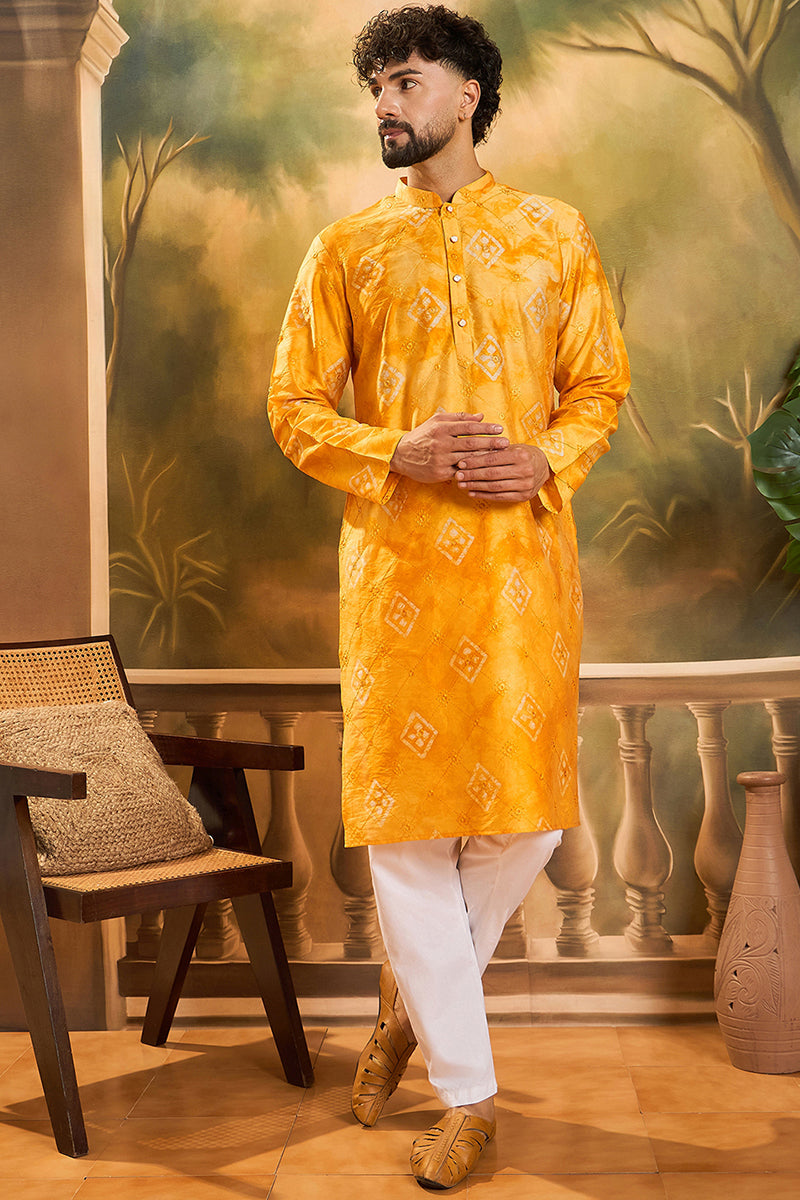 Yellow Silk Blend Embroidered Straight Kurta  | SHOBITAM
