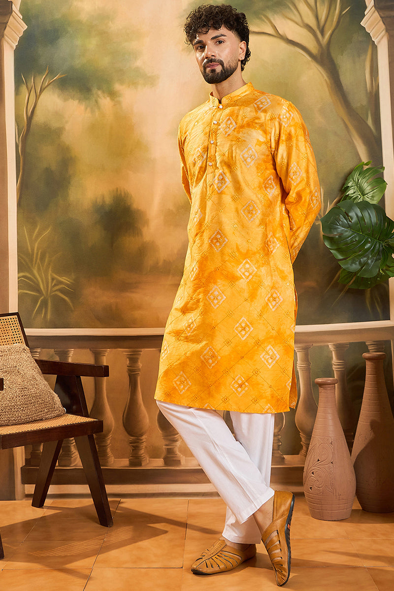 Yellow Silk Blend Embroidered Straight Kurta  | SHOBITAM