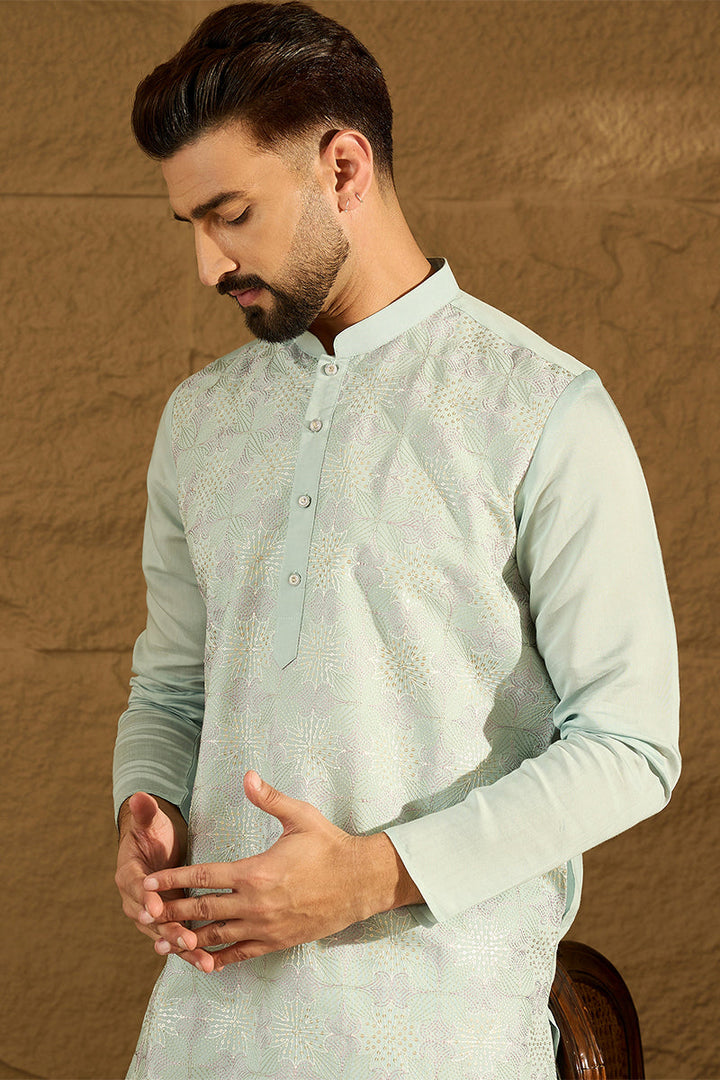 Blue Silk Blend Solid Embroidered Straight Kurta | SHOBITAM