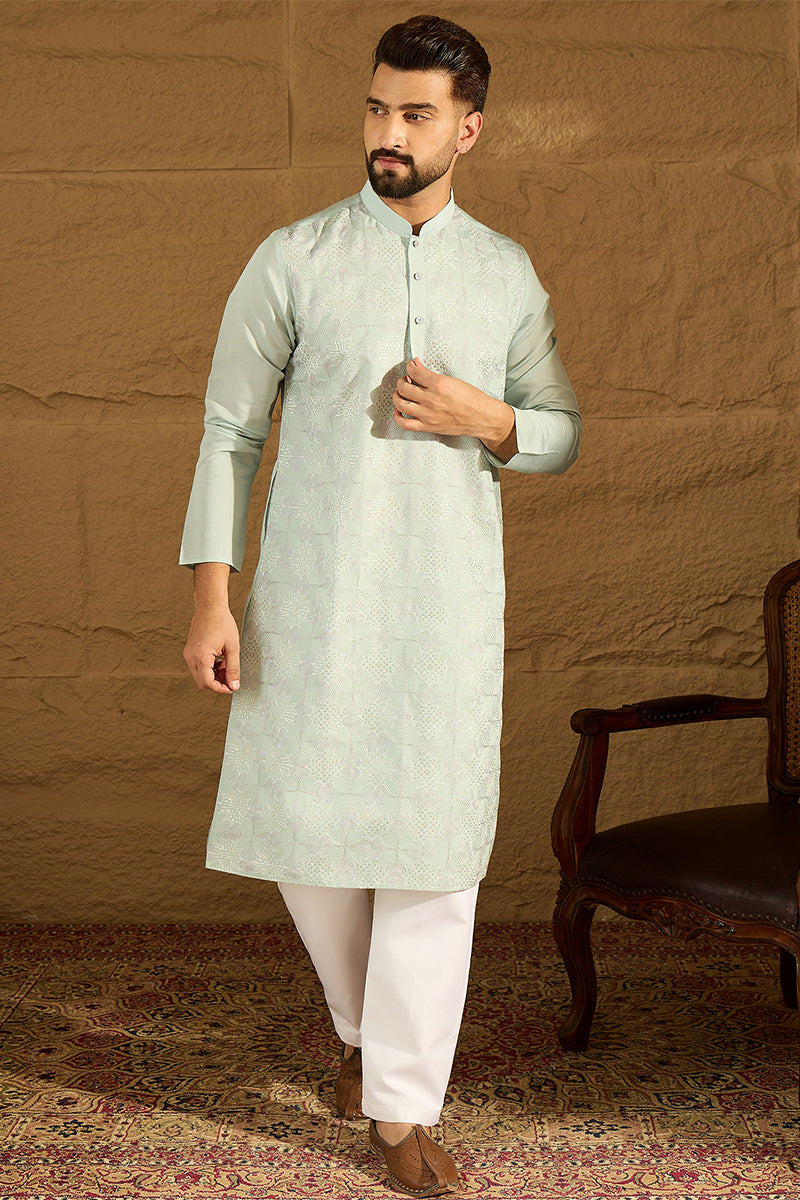Blue Silk Blend Solid Embroidered Straight Kurta | SHOBITAM