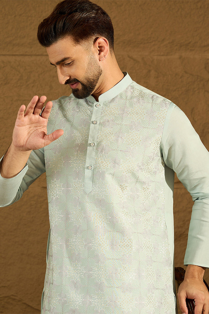 Blue Silk Blend Solid Embroidered Straight Kurta | SHOBITAM