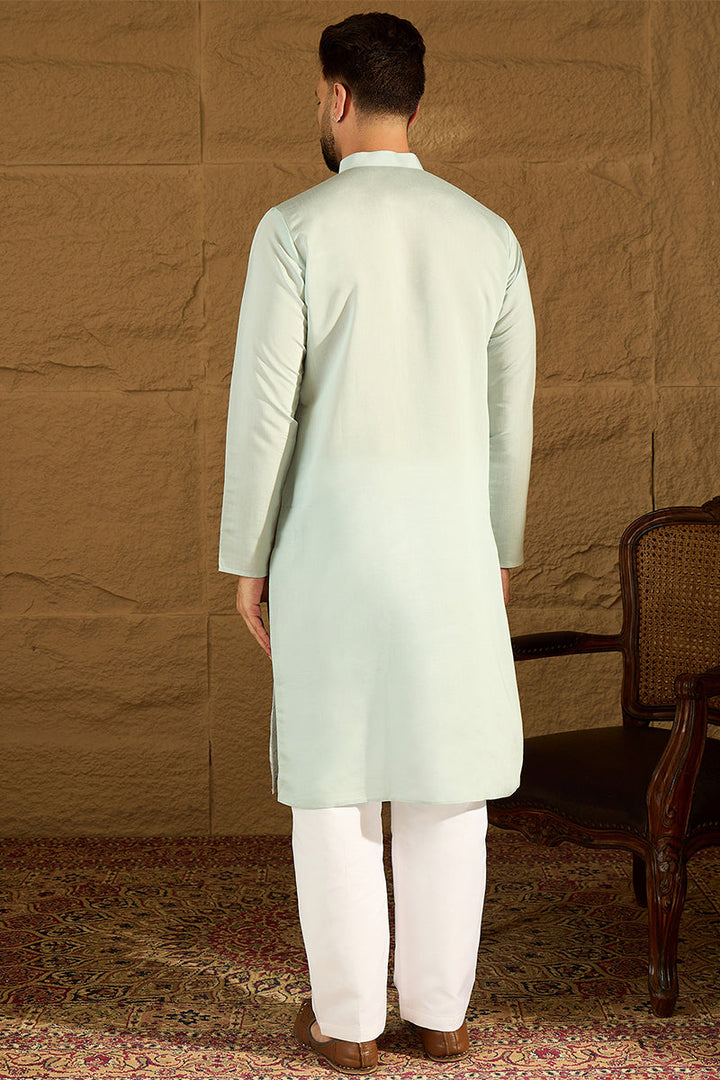 Blue Silk Blend Solid Embroidered Straight Kurta | SHOBITAM